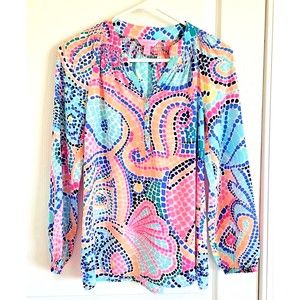 Lilly Pulitzer Womens Elsa Silk Blouse Top Tile Wave Mosaic XXS Aqua Pink Peach